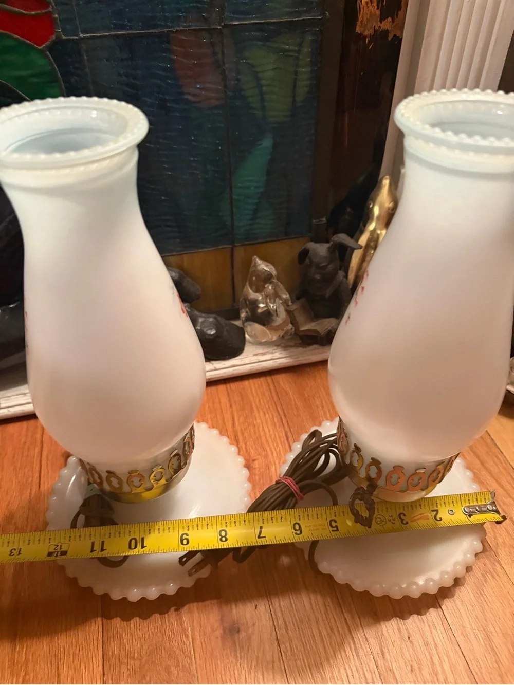 Vtg Pair Hobnail Milk Glass Raised Brass Floral Hurricane Electric Table Lamps
